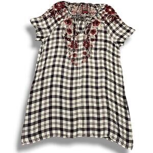 Johnny Was Workshop Dress Plaid Embroidered Floral Boho Tunic Cream Red Sz L